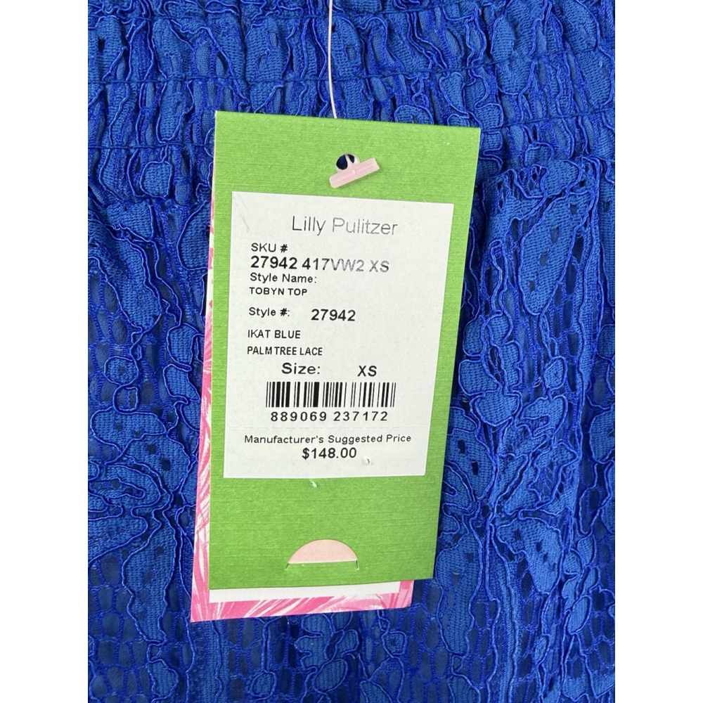Lilly Pulitzer TOBYN XS Off The Shoulder Top Ikat Blue Palm Tree Lace Blouse - Picture 4 of 9